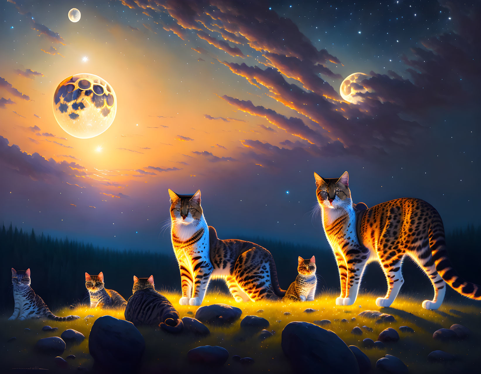 Glowing patterned cats under starry sky in dark forest landscape