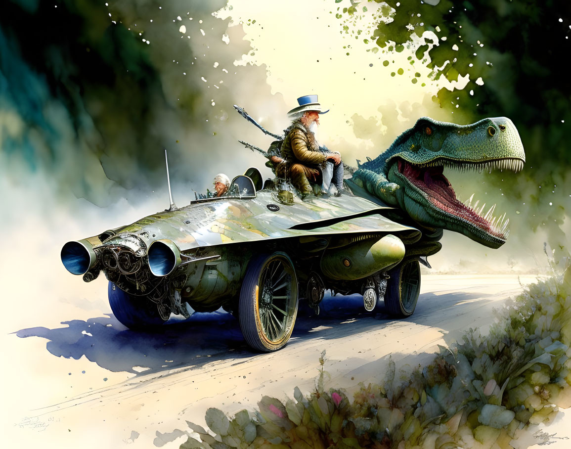 Person riding futuristic dinosaur-shaped vehicle with guns in dreamy natural setting