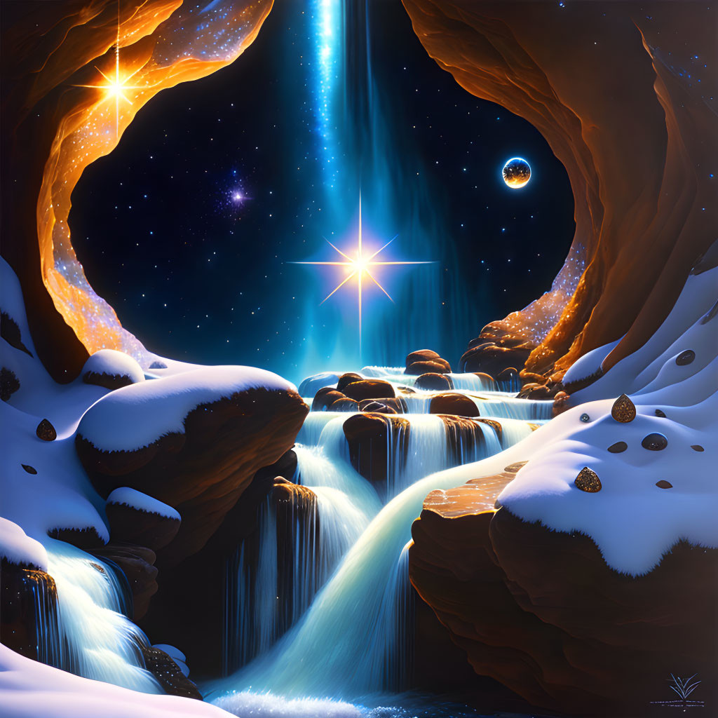 Fantastical scene: cascading waterfalls, rocky cliffs, snow-capped ledges, star