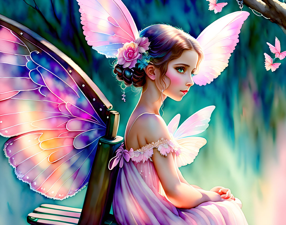 Fantastical fairy with colorful wings in enchanted forest