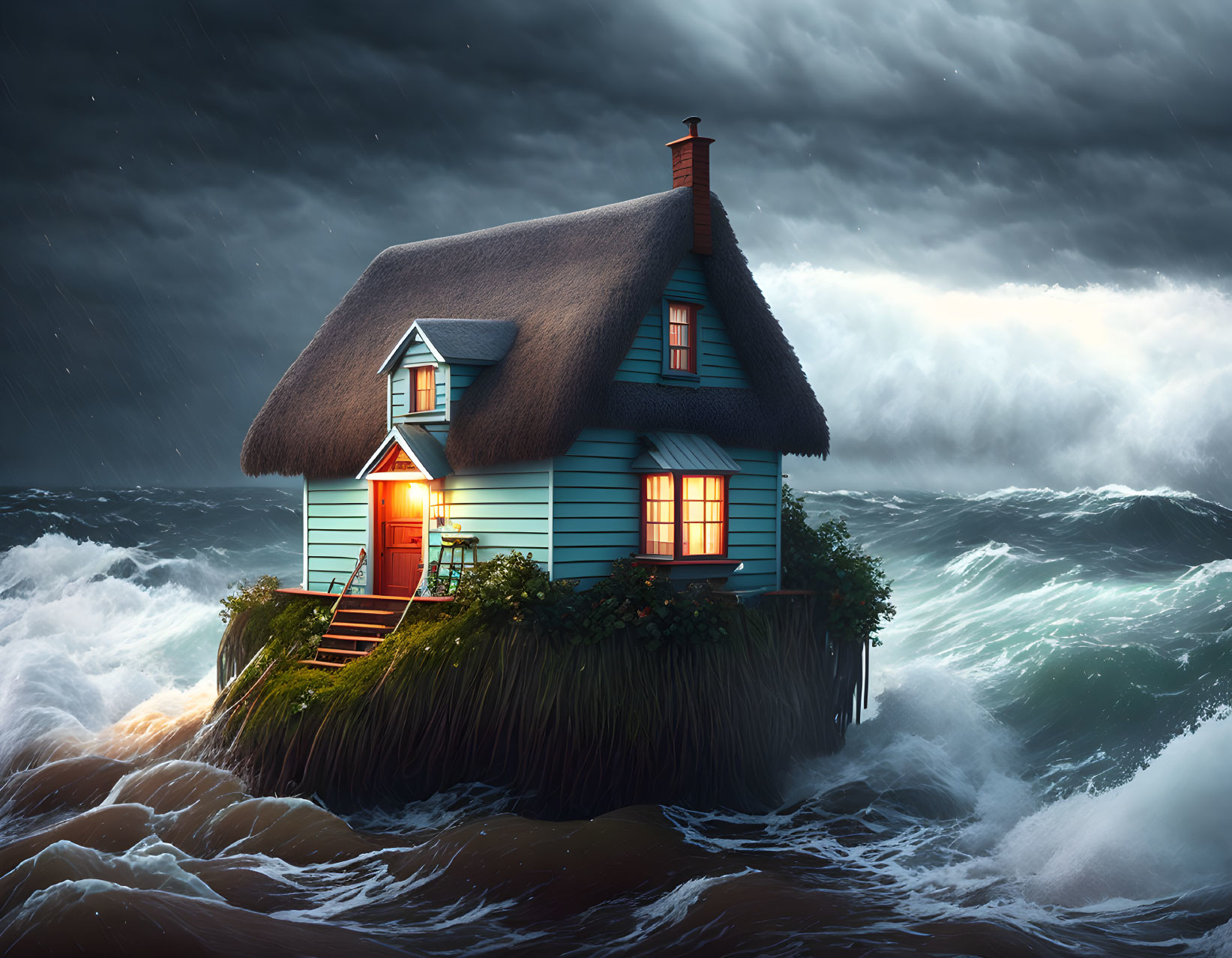 Solitary House on Grass Islet Amidst Ocean Waves