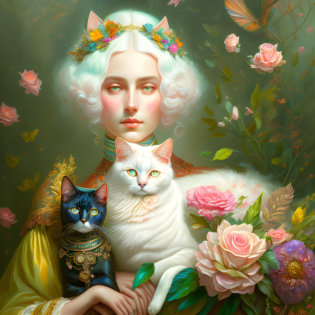 Pale-Skinned Woman with Flowers, Cats, and Roses in Ethereal Setting