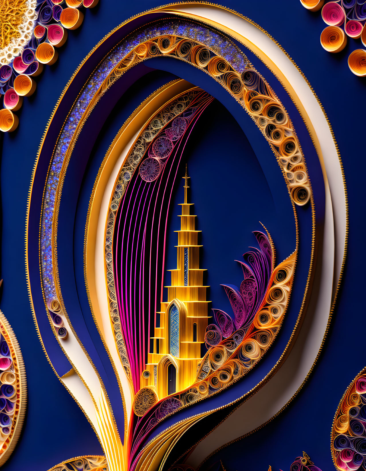 Vibrant abstract paper art with spiraling designs around castle structure