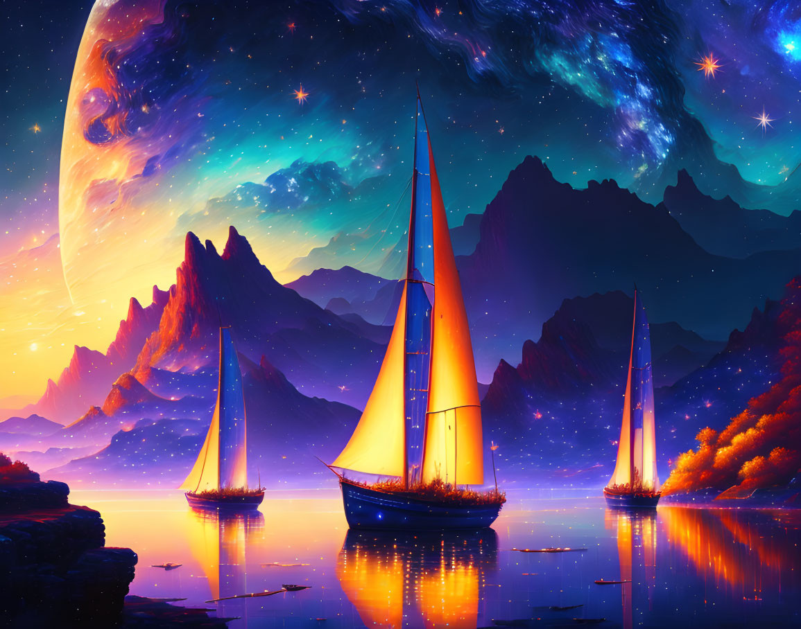 Tranquil lake scene with sailboats under cosmic sky