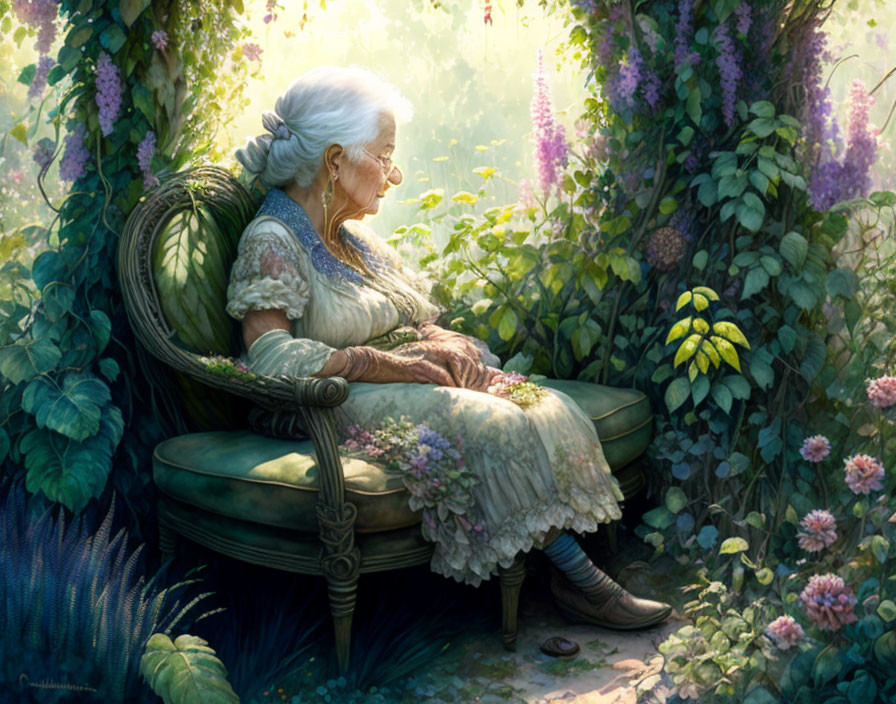 Elderly woman with white hair in vintage dress on garden bench surrounded by lush greenery