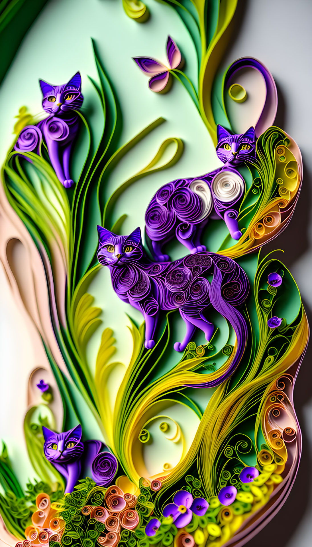 Colorful digital art featuring purple cats and intricate swirl patterns among quilled paper-style flowers and leaves on