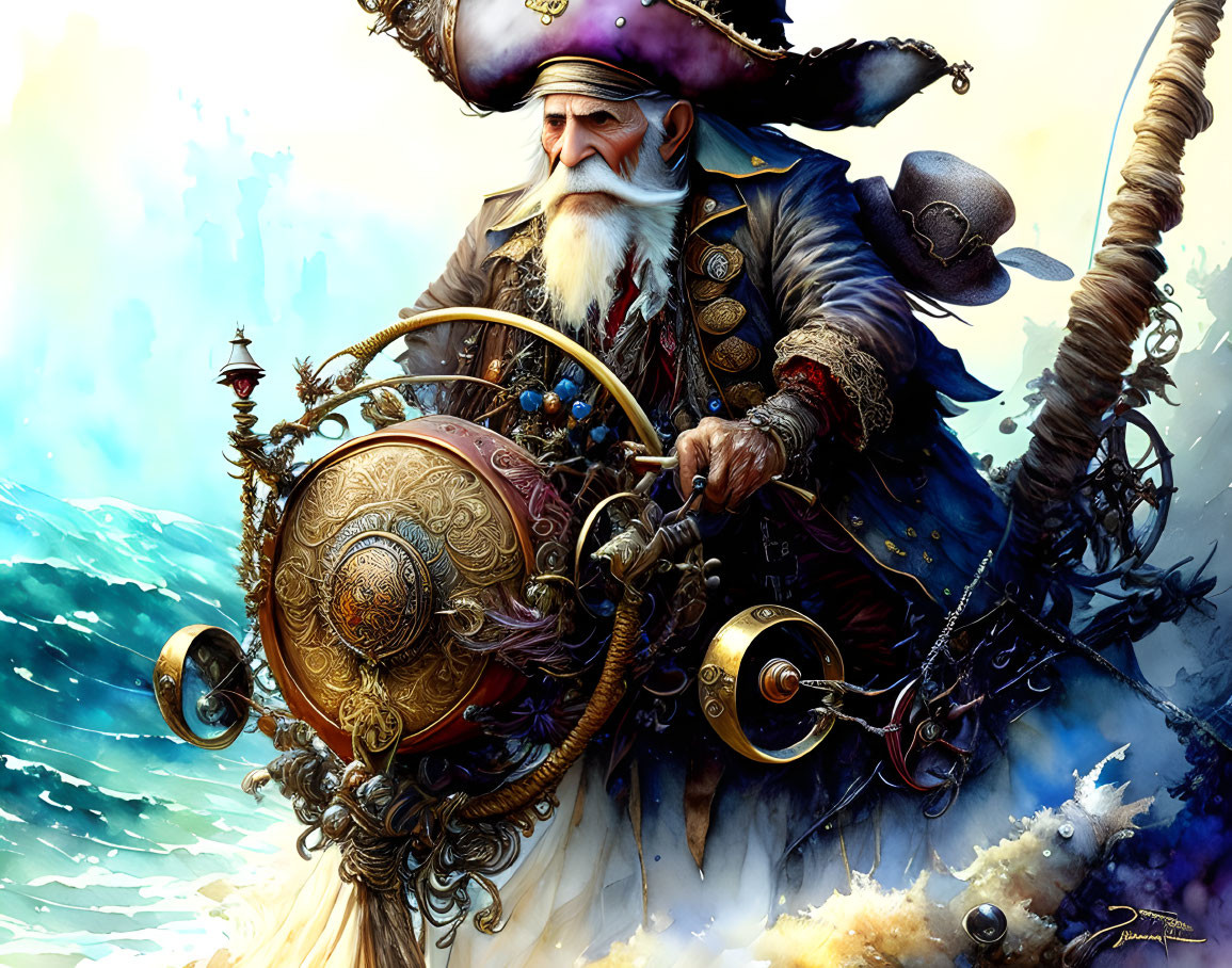 Old Pirate Captain Steering Ship's Wheel in Stormy Seas