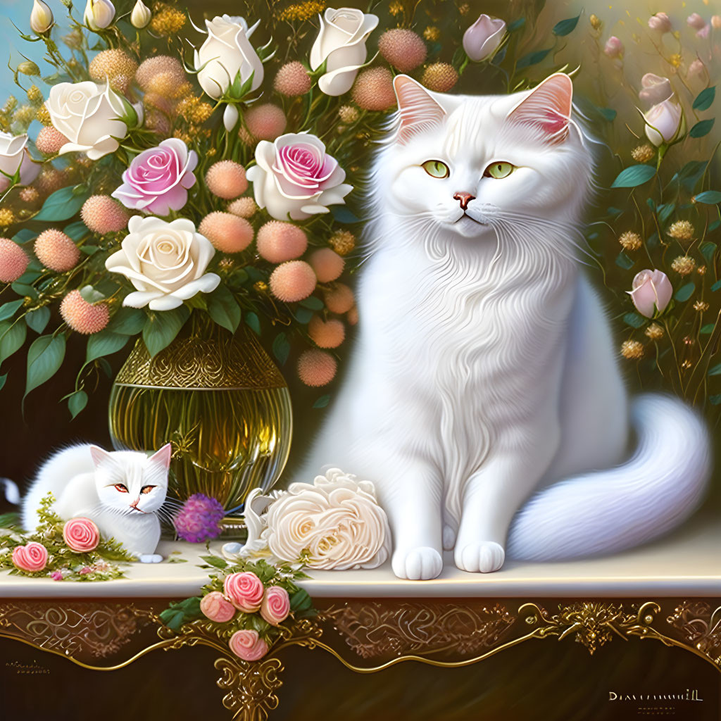 White Cats Near Vase and Floral Patterns