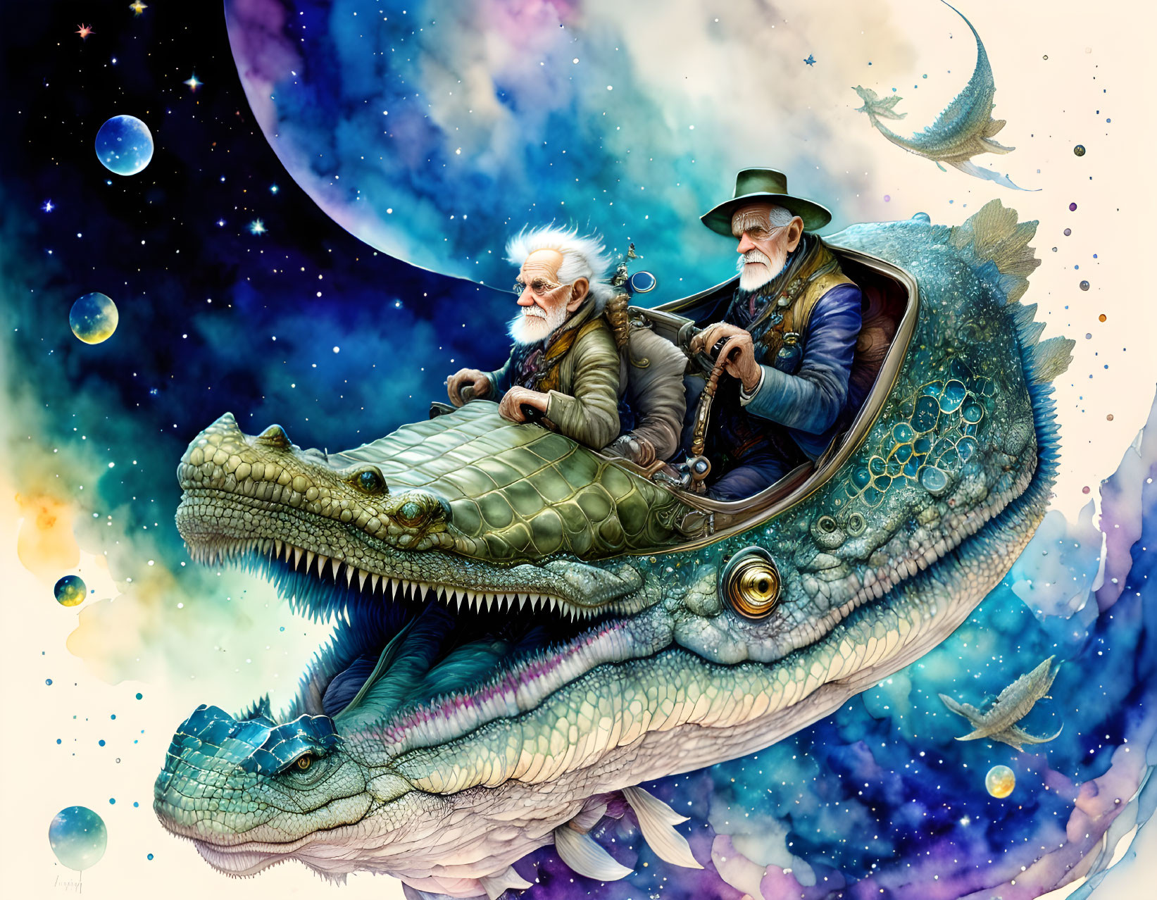 Elderly men ride mechanical crocodile in starry space