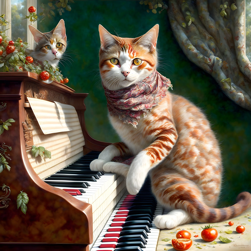 Anthropomorphic cat playing piano with kitten in lush setting