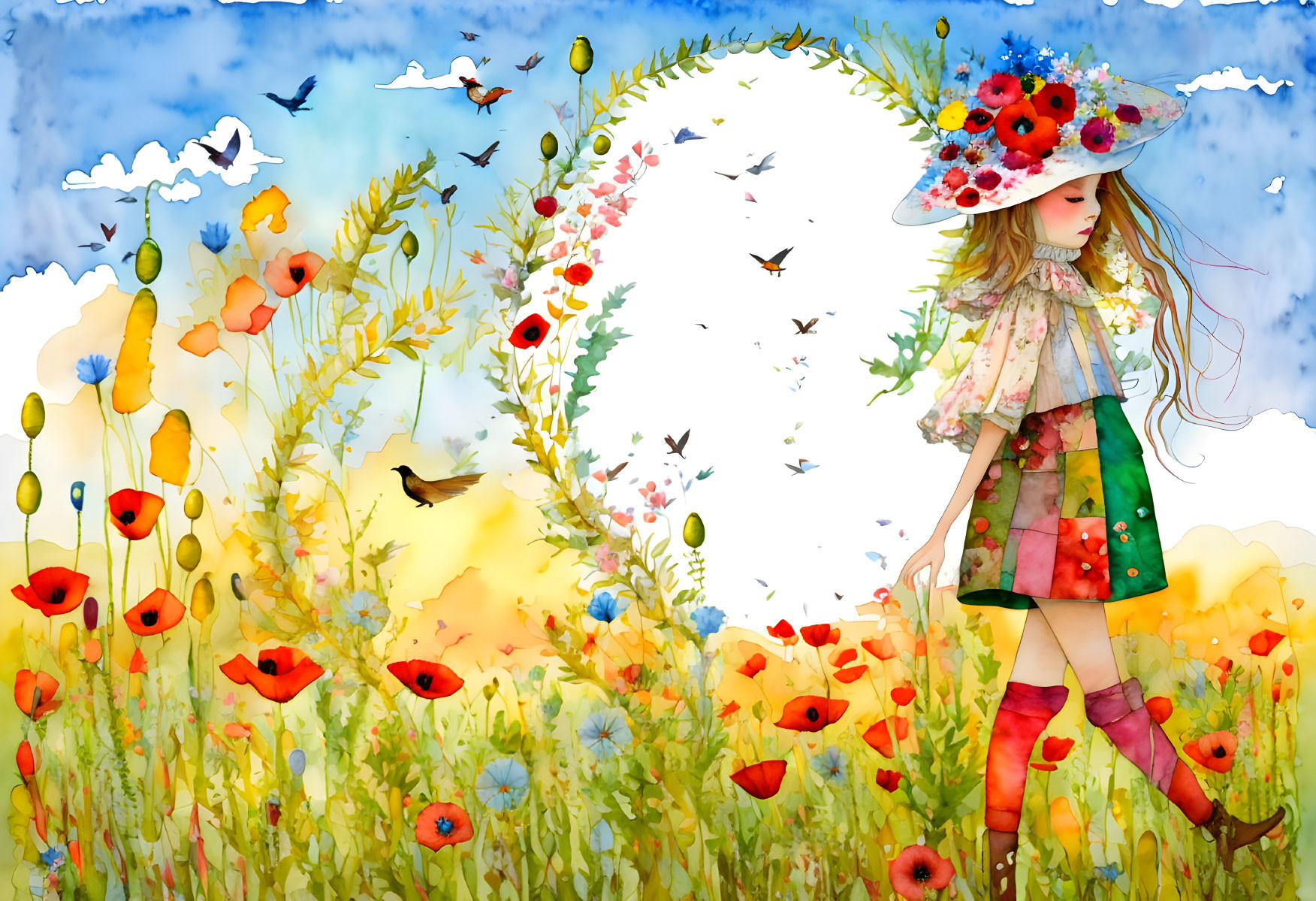 Colorful girl in flower hat strolling in vibrant field