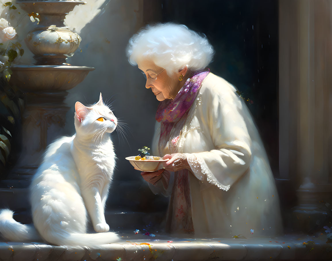 Elderly woman with white hair feeding white cat in garden