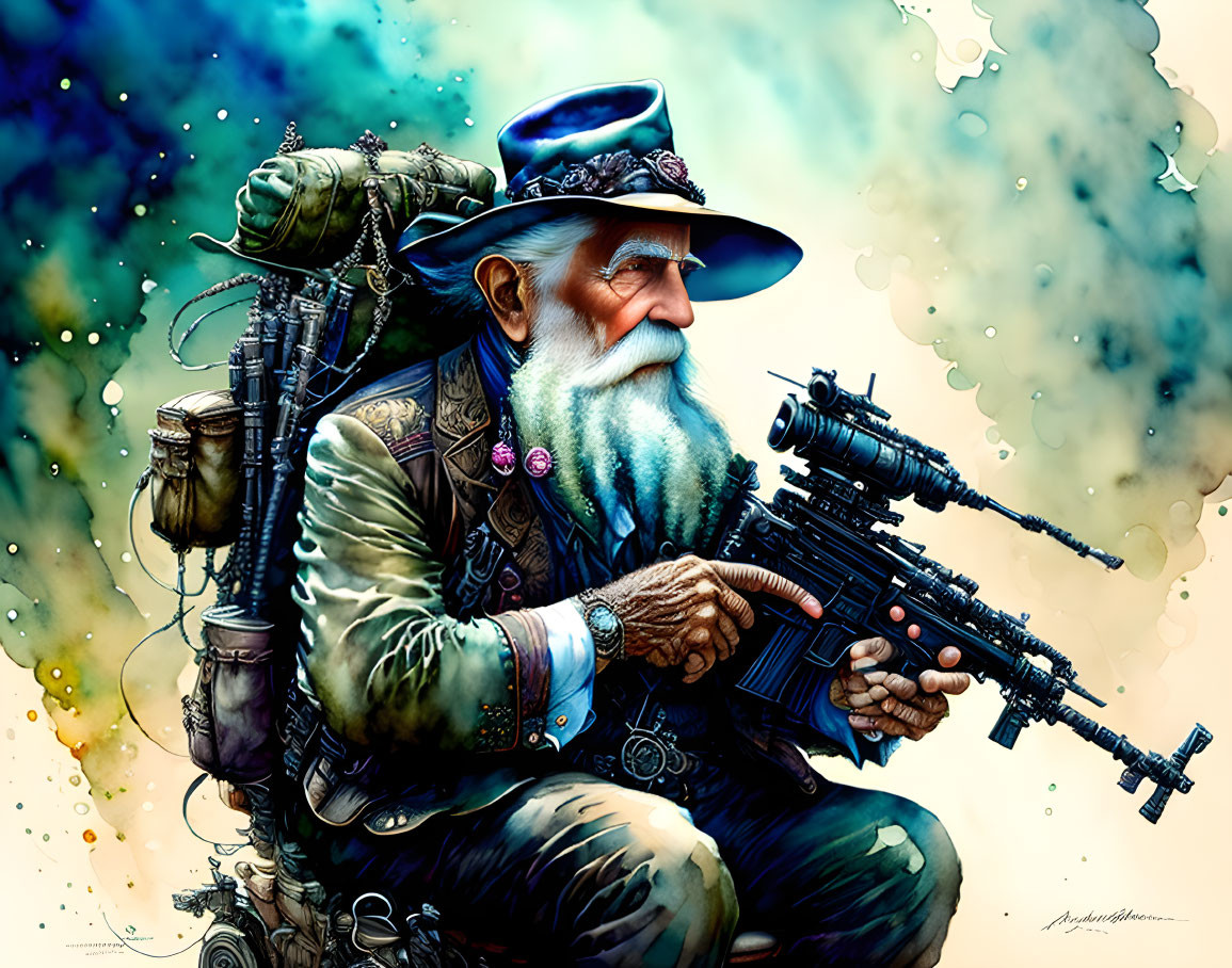 Elderly man in steampunk attire with rifle and backpack