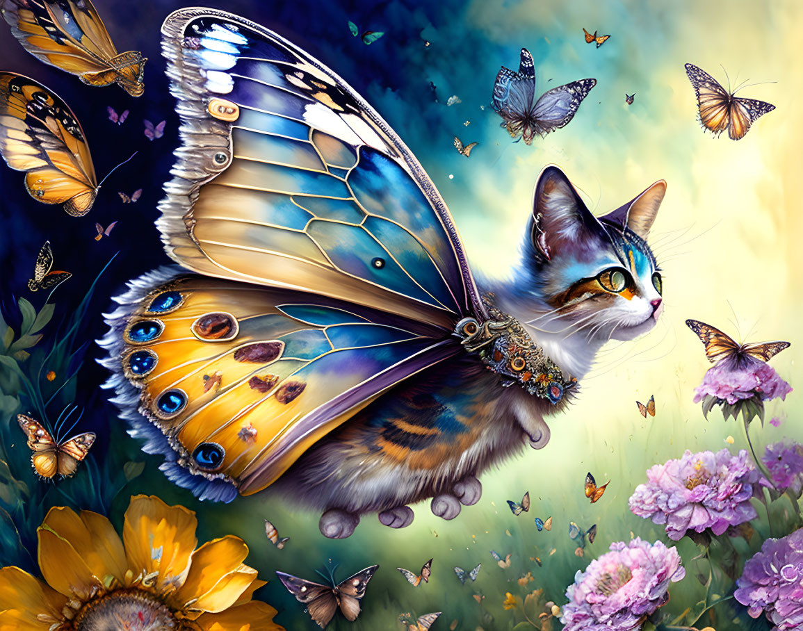 Whimsical cat with butterfly wings in a nature-themed artwork