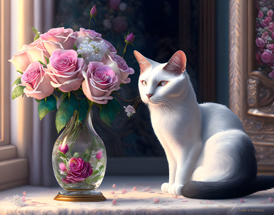 White Cat with Black-Tipped Tail Beside Vase of Pink Roses by Sunlit Window