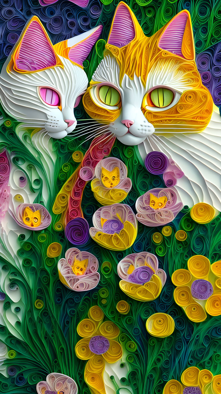 Vibrant surrealistic digital artwork of two cats in swirling colors