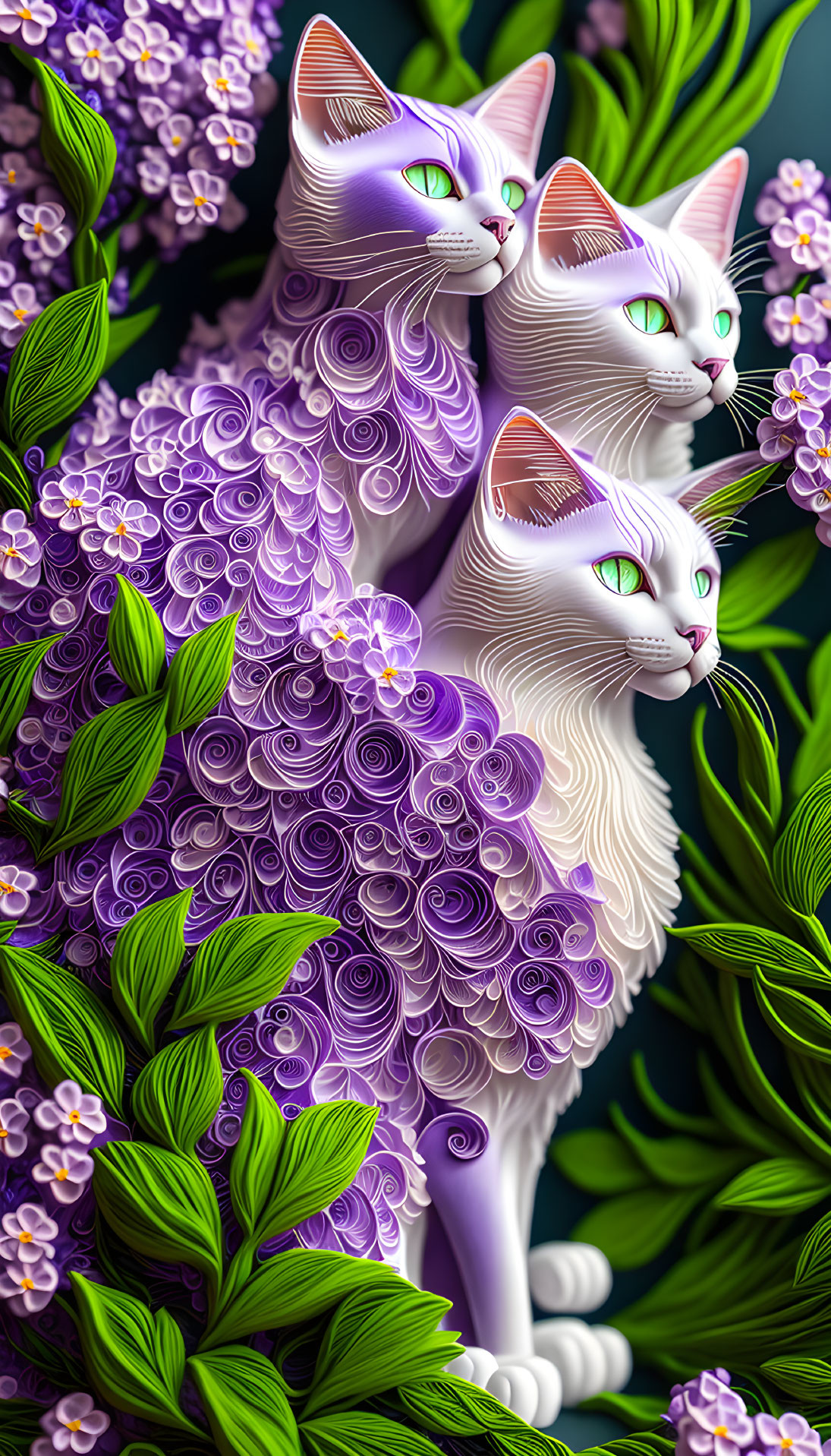 Stylized white and purple cats with floral patterns in lush green and purple setting