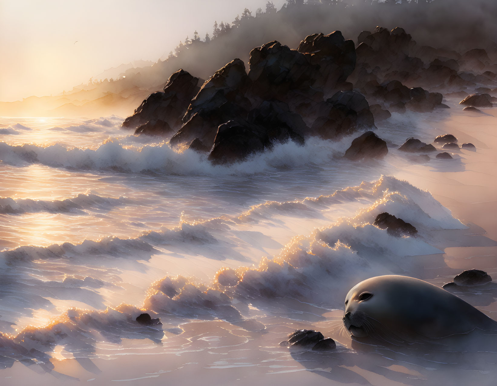 Tranquil beach sunset scene with crashing waves and resting seal.