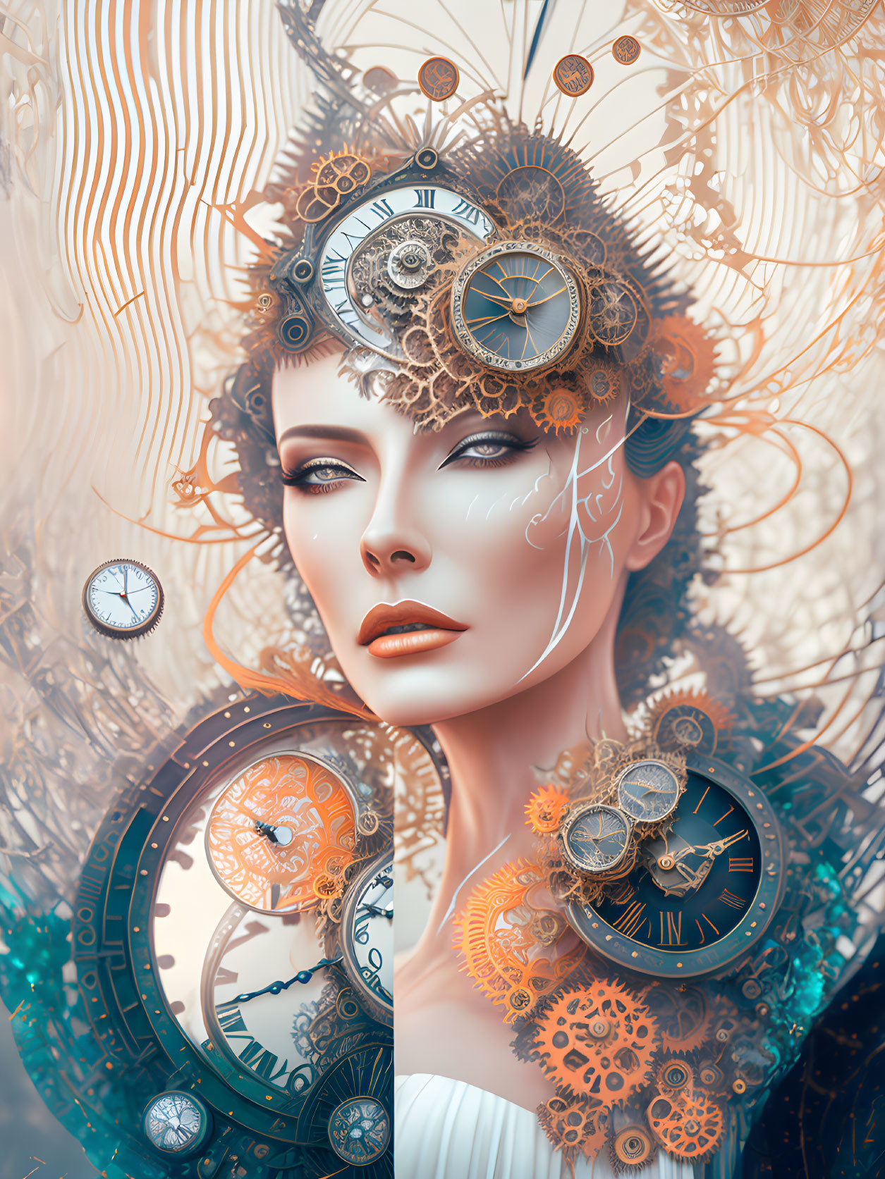 Steampunk-inspired woman with clock gears and accessories.