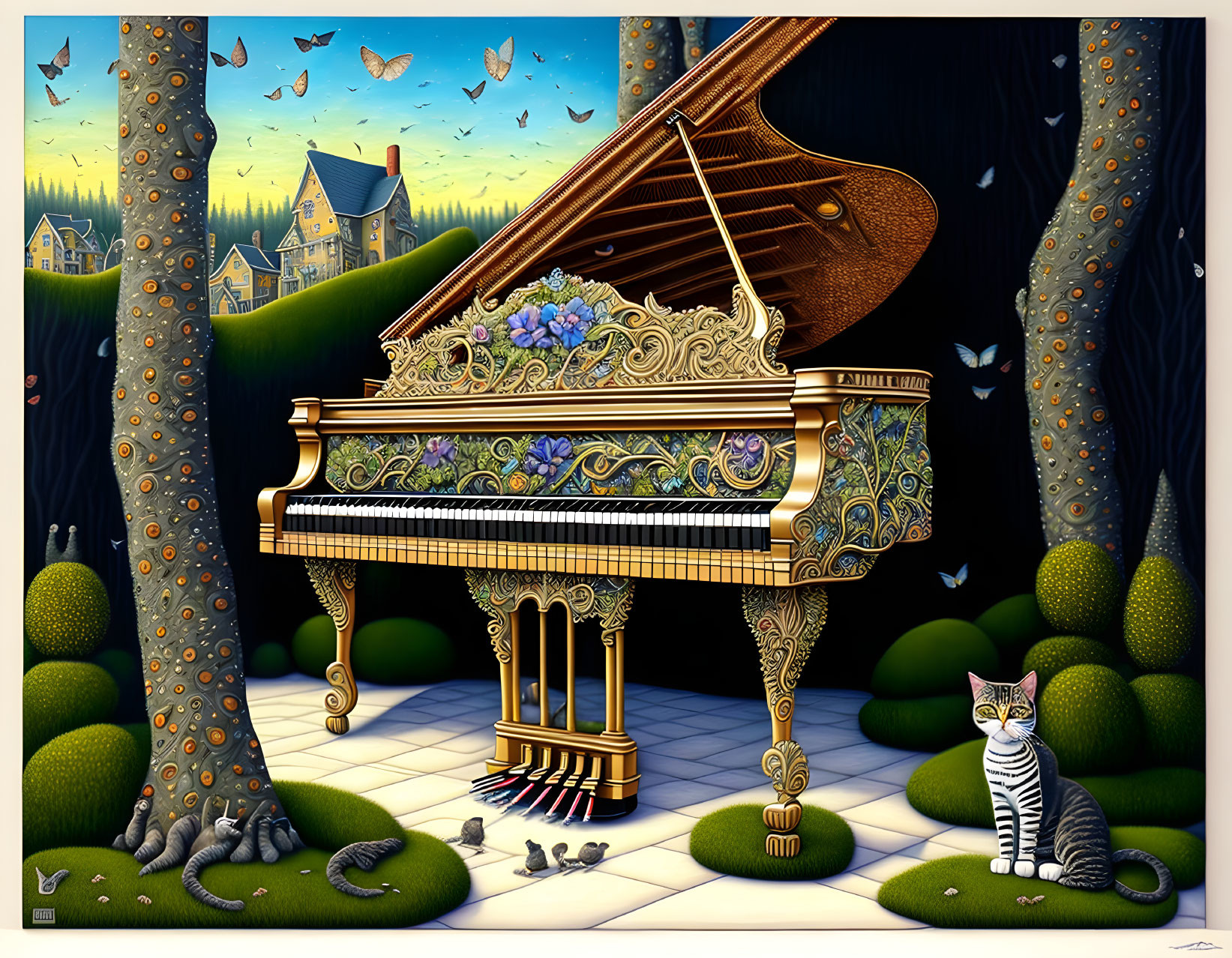 Intricately Designed Grand Piano in Whimsical Forest Setting