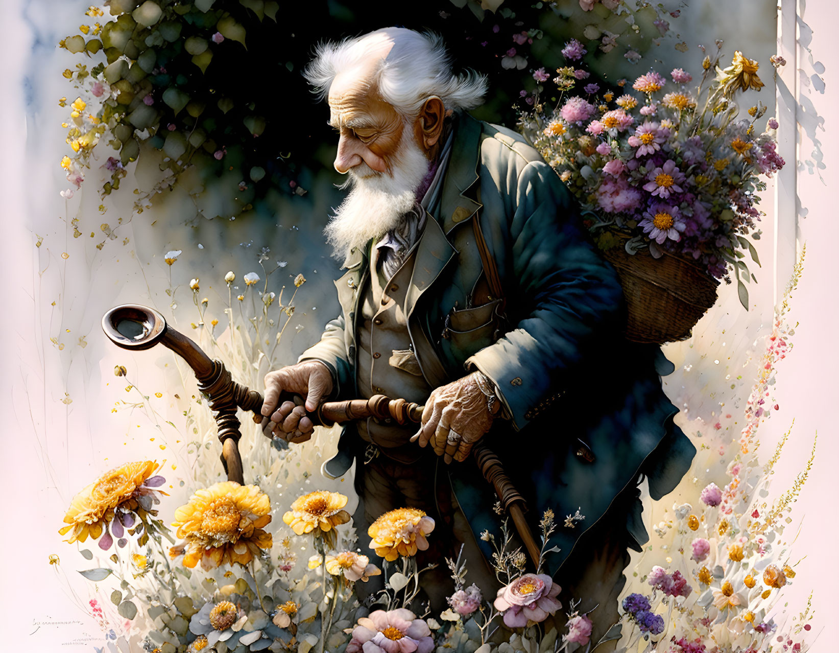 Old man driving flowers with handle, by Jean-Bapti