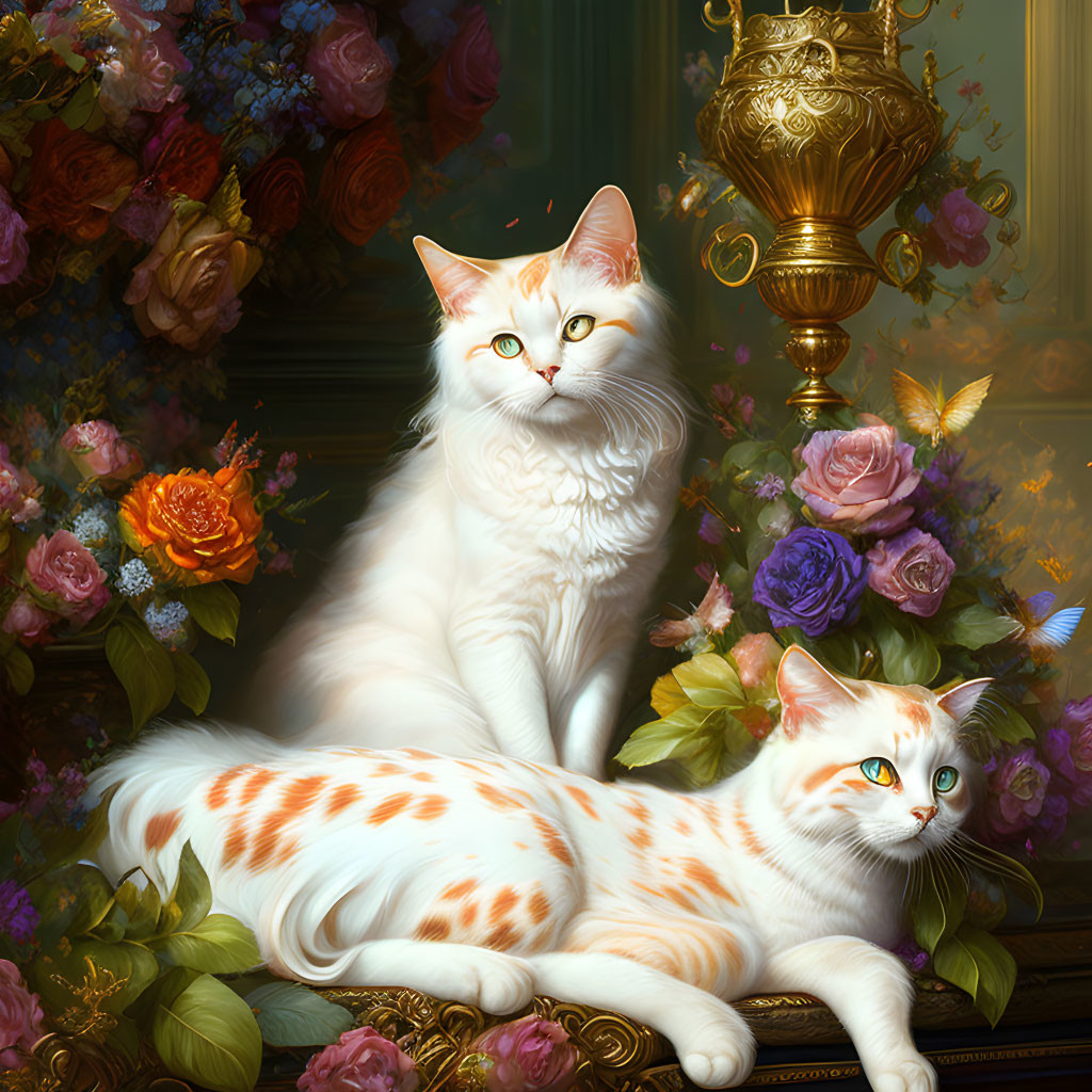 White cats with orange markings among vibrant flowers and luxurious vase