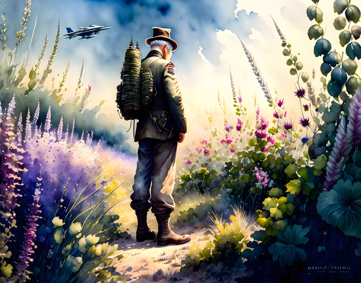 Traveler in vintage clothing admires plane above vibrant wildflowers