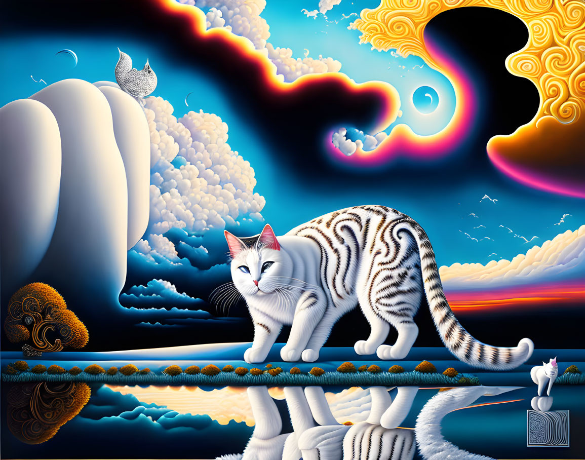 Striped cat artwork with whimsical clouds and vibrant skies