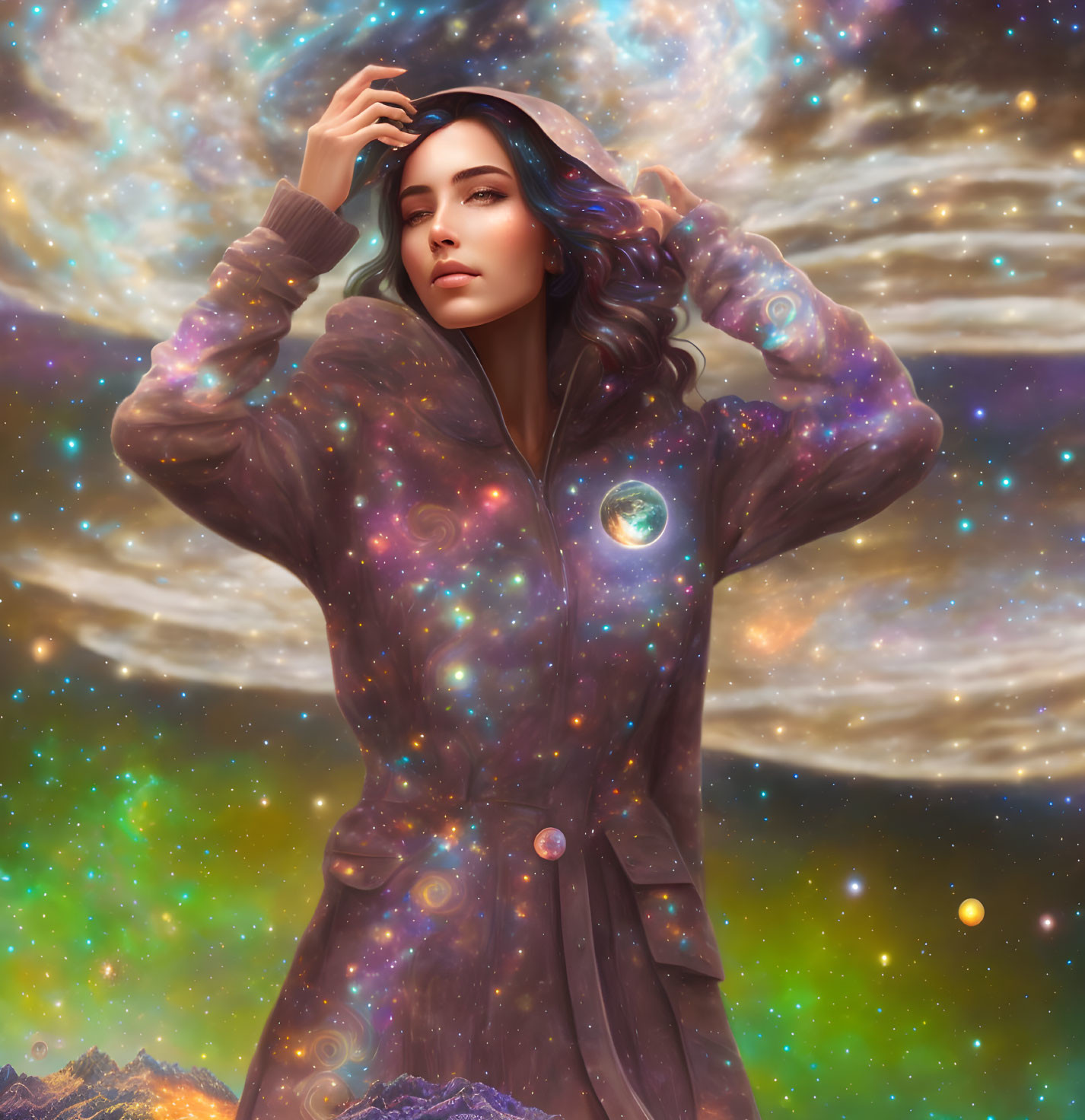 Woman in cosmic-patterned hoodie against swirling galaxy backdrop