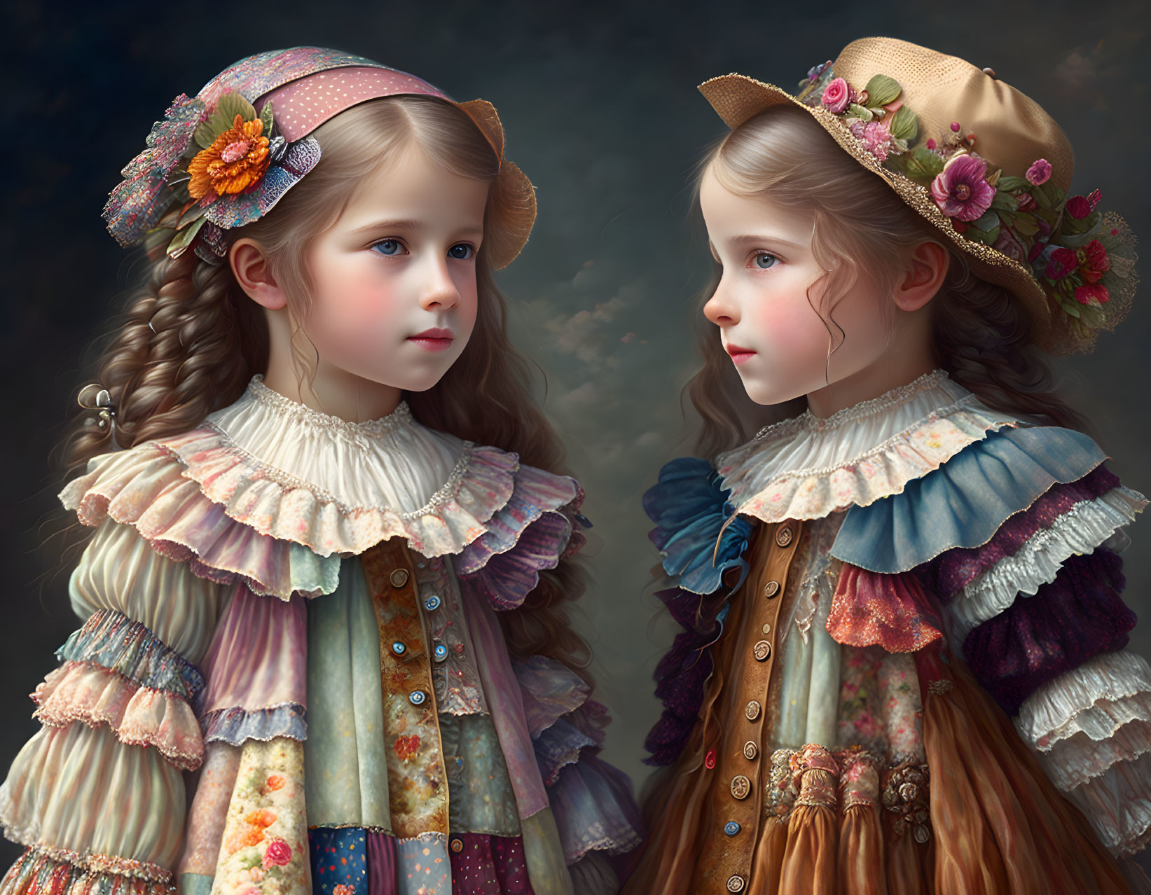 Vintage dresses: Two girls in floral hats with intricate hairstyles.