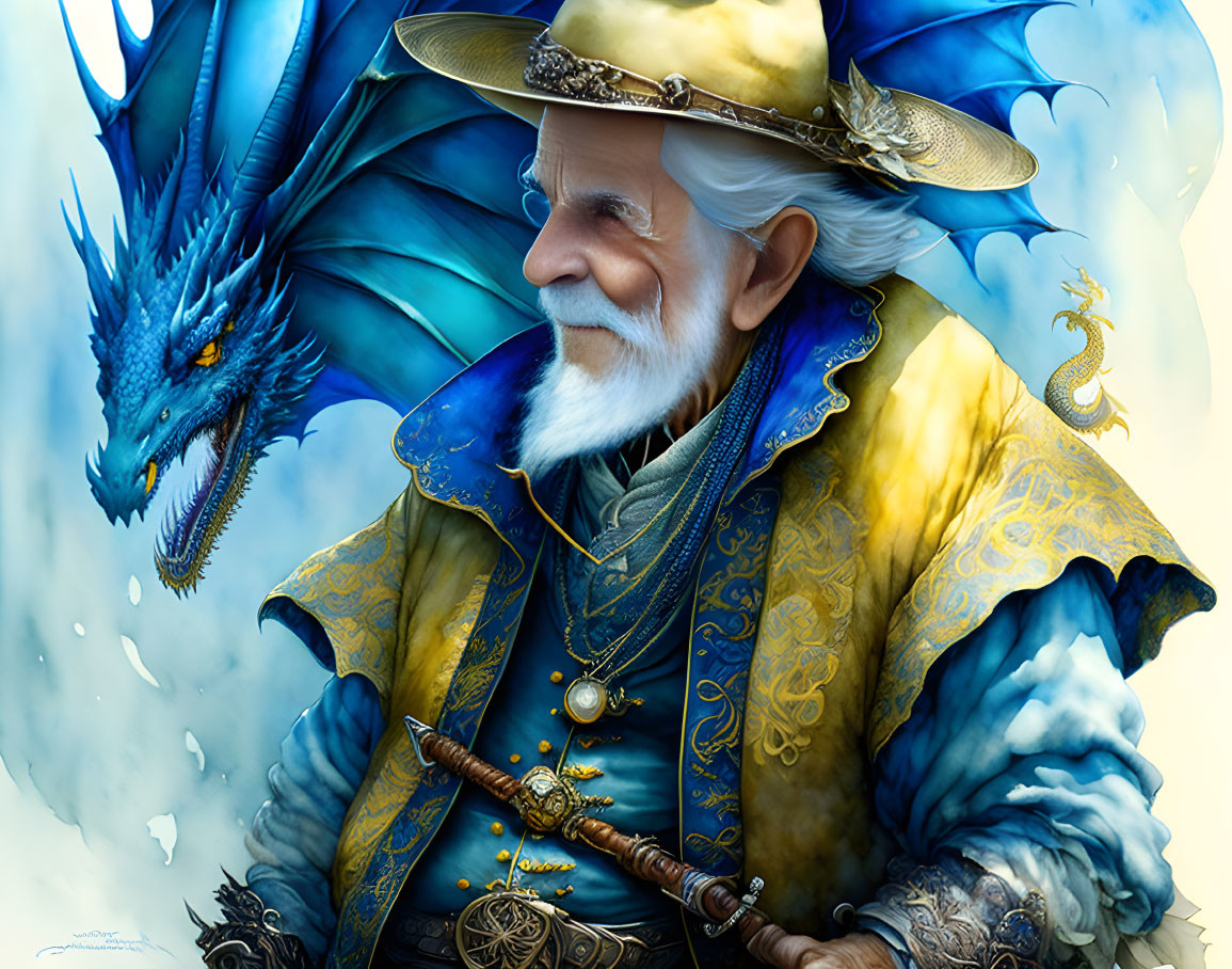 Elderly wizard with golden hat and blue dragon in blue robe.