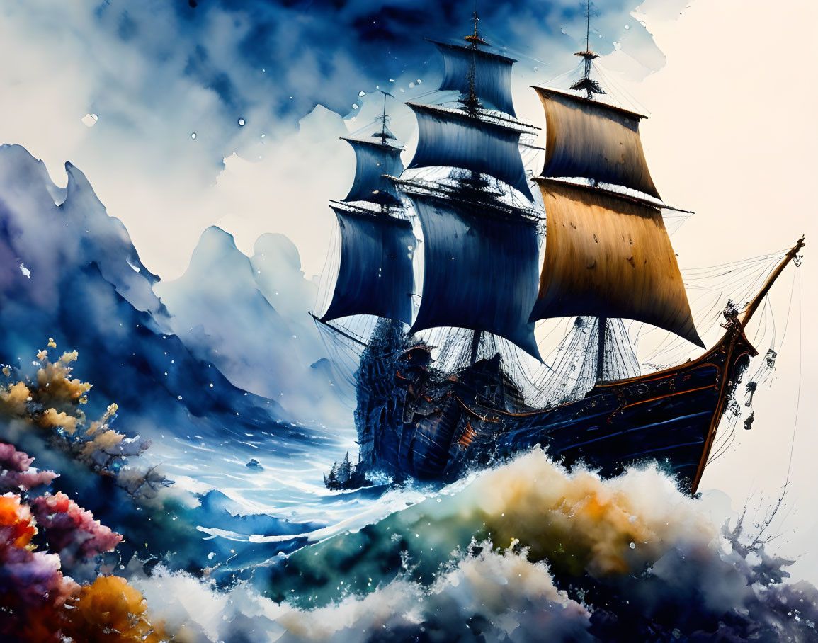 Detailed Artistic Depiction of Sailing Ship in Turbulent Seas