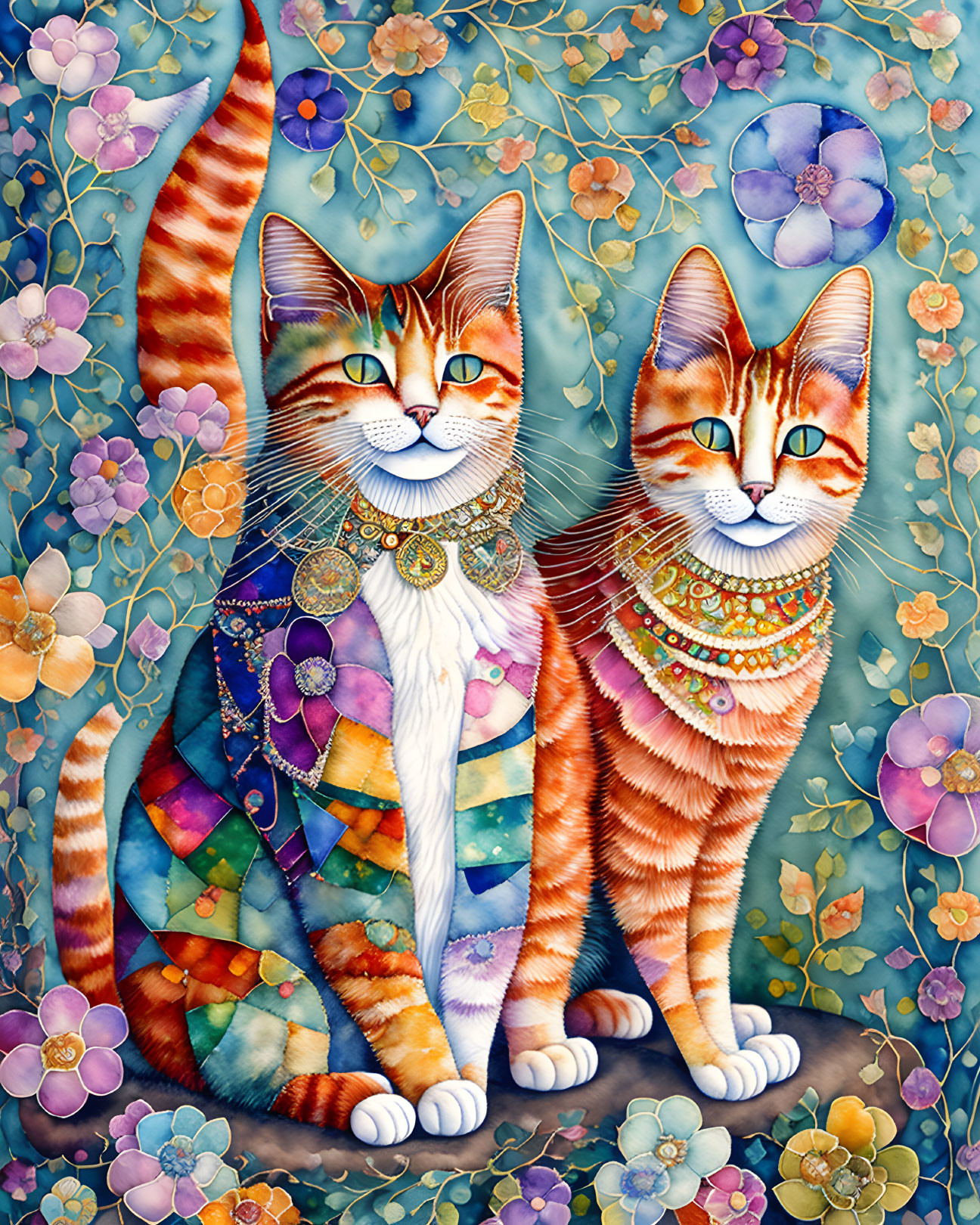 Colorful Cats with Ornate Patterns and Flowers