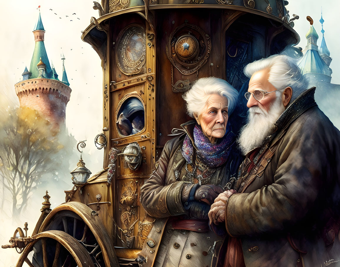 Elderly couple holding hands by steampunk contraption and castle.