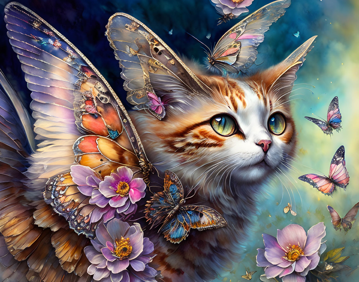 Fantasy cat with butterfly wings and floral fur in blue setting