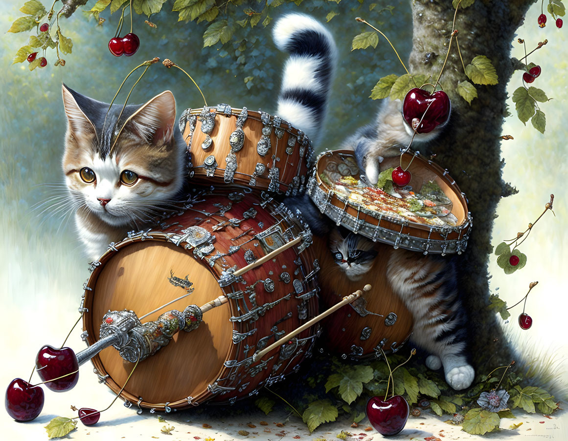 Cat Drummer Surrounded by Cherries and Drum Set