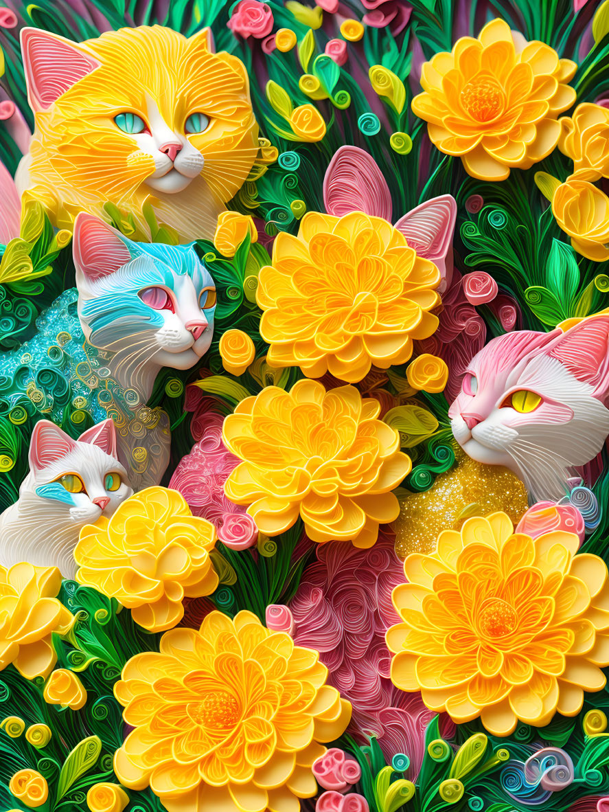 Vibrant 3D artwork: stylized cats with yellow and pink paper quilled flowers