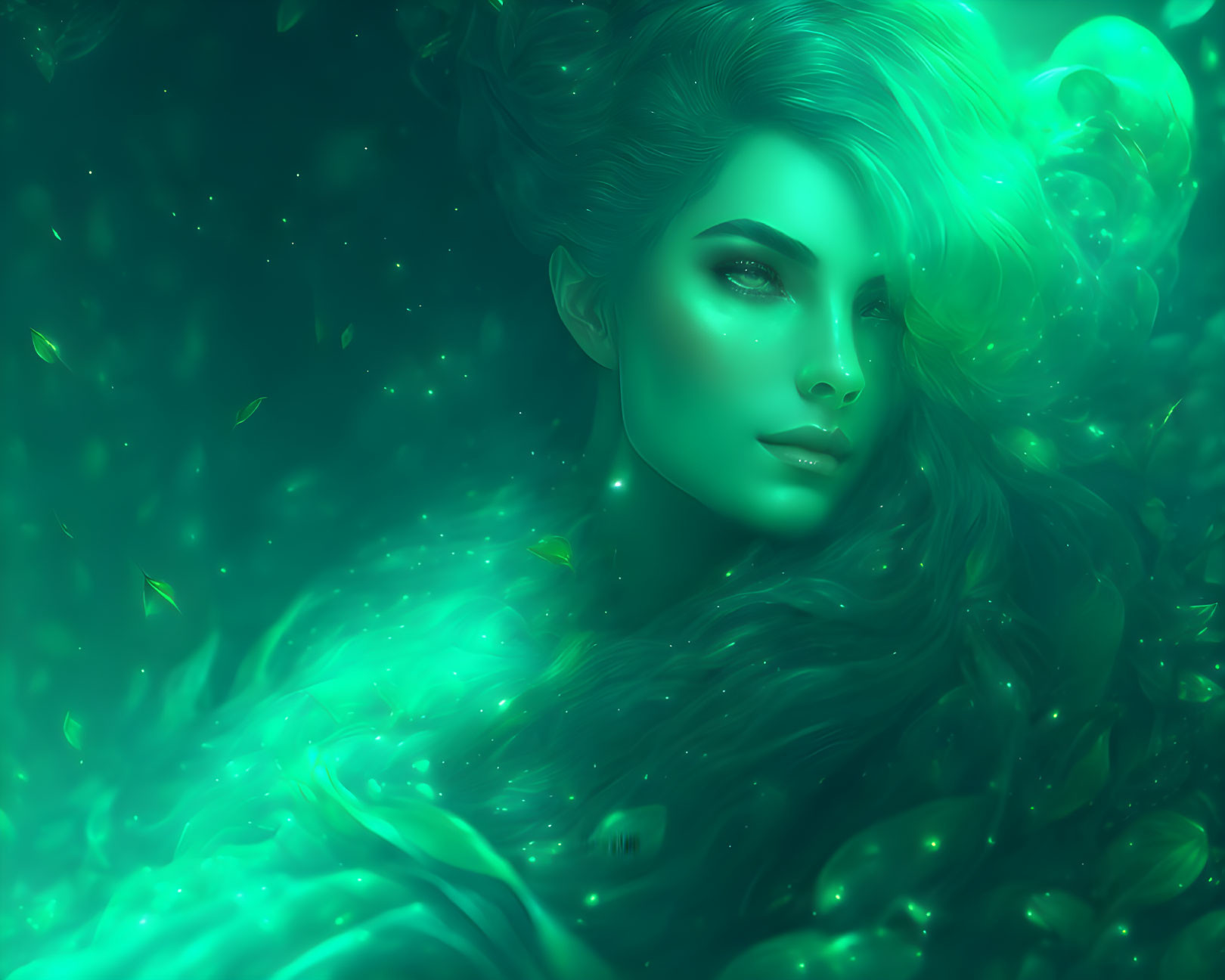 Mystical woman with flowing hair in glowing green ambiance