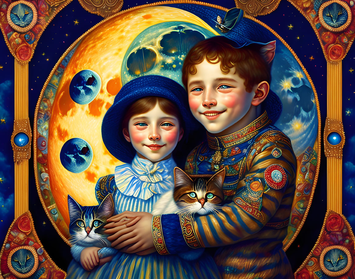 Children in fantastical attire with cosmic backdrop, moons, stars, and kittens under bright moon