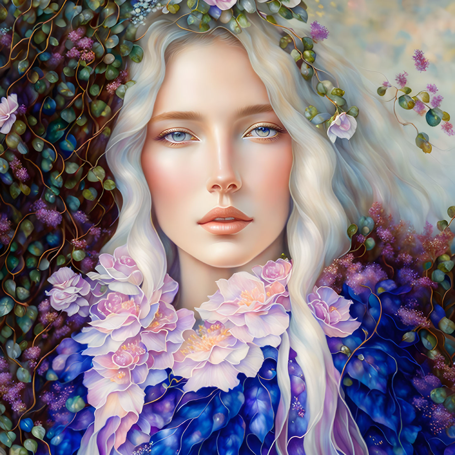 Illustrated portrait of woman with white wavy hair and purple flower adornments in lush greenery.