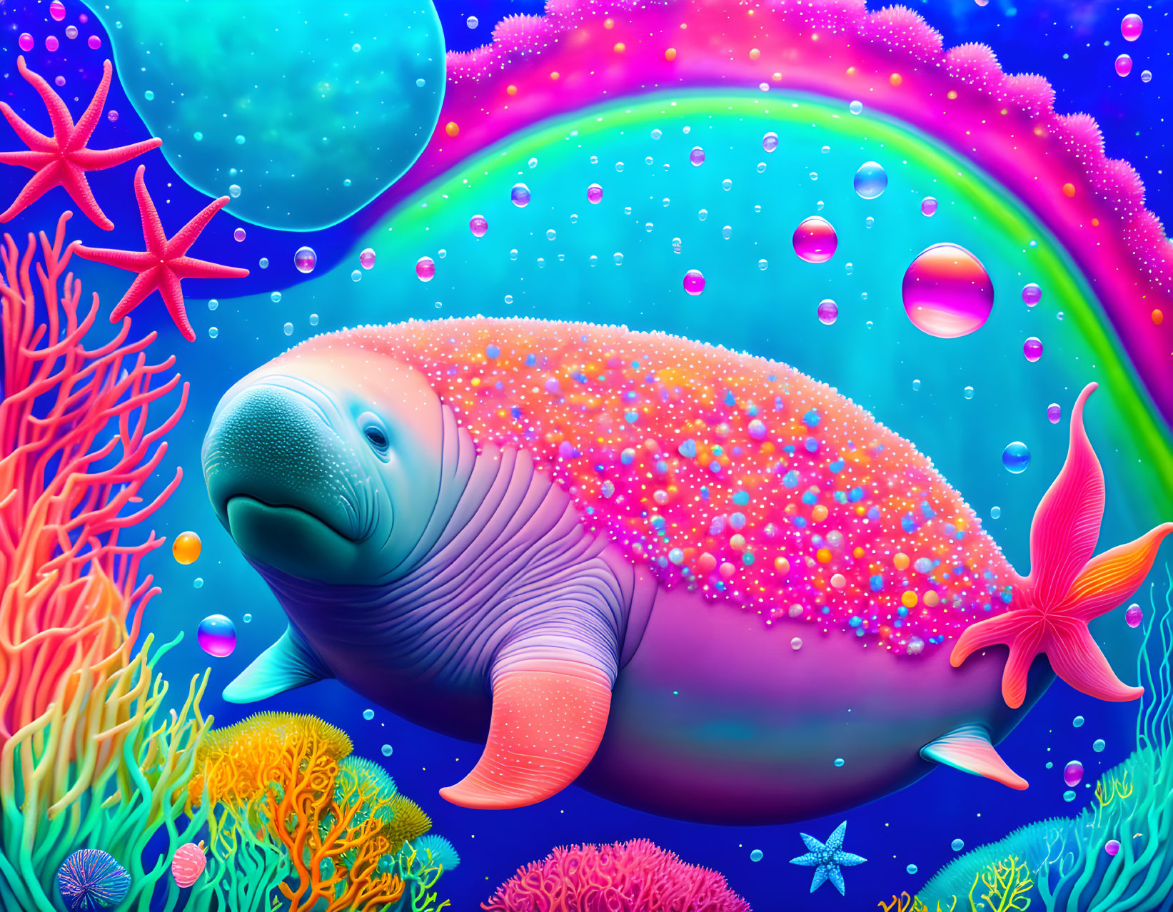 Colorful manatee surrounded by coral and bubbles in a psychedelic ocean