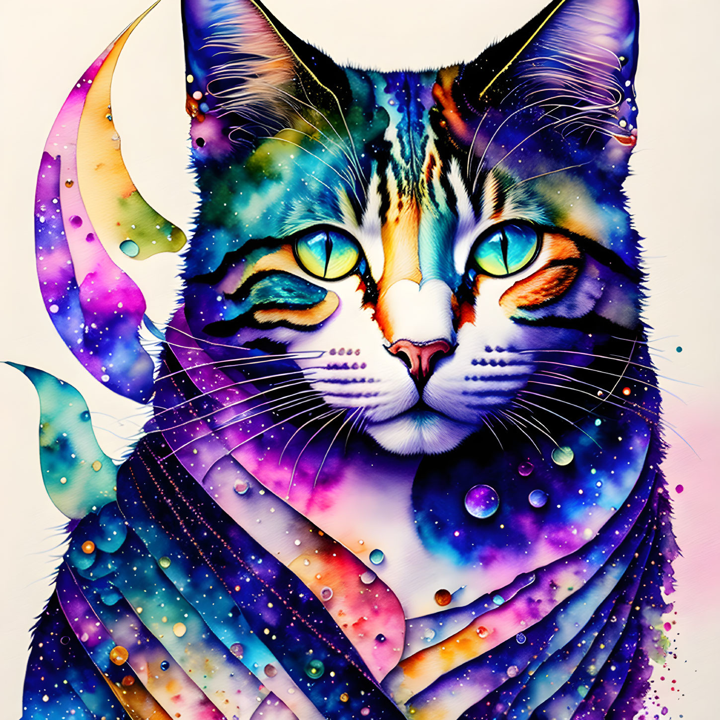 Colorful Cosmic Cat Illustration with Watercolor Texture in Blues, Purples, and Pinks