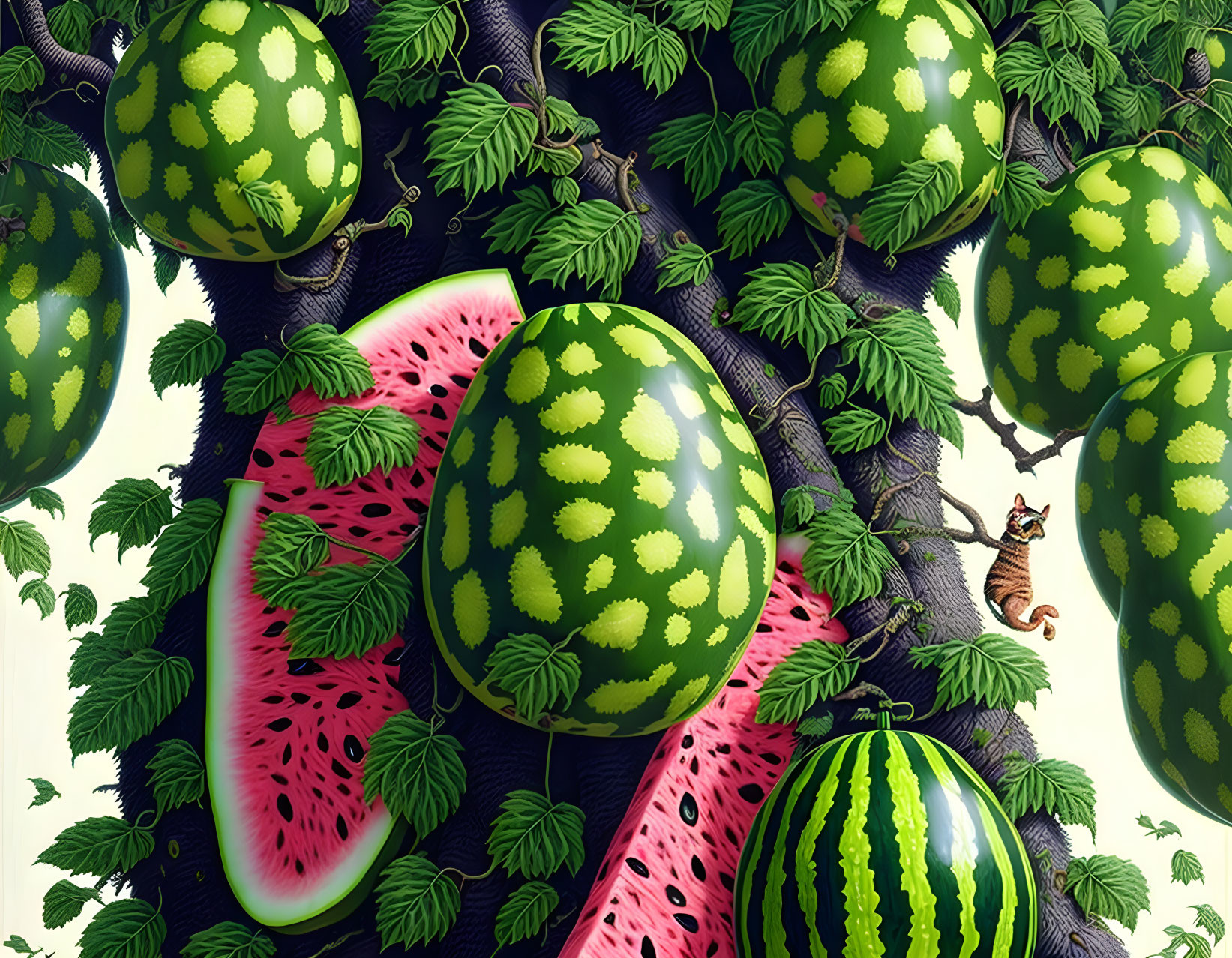 Surreal illustration: Oversized watermelons on tree with hidden cat