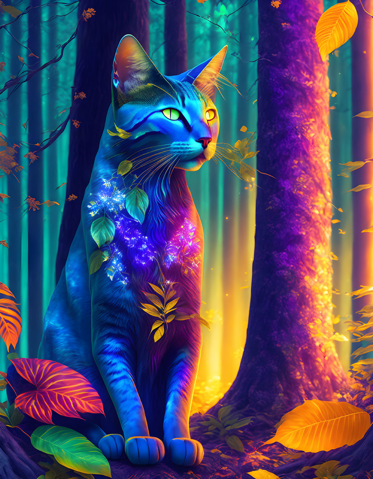 Colorful Digital Artwork: Blue Cat in Enchanted Forest