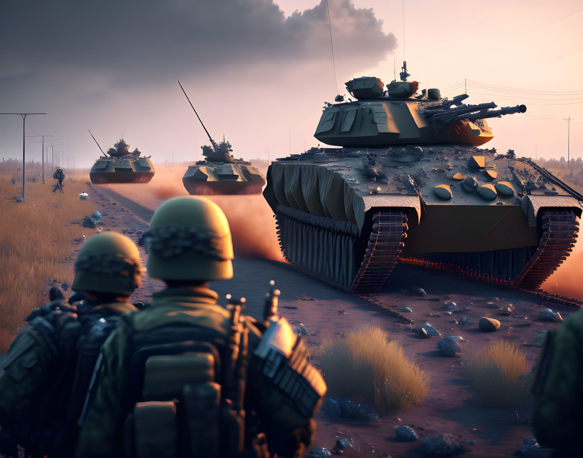 Soldiers watching tanks in dusty terrain at dusk