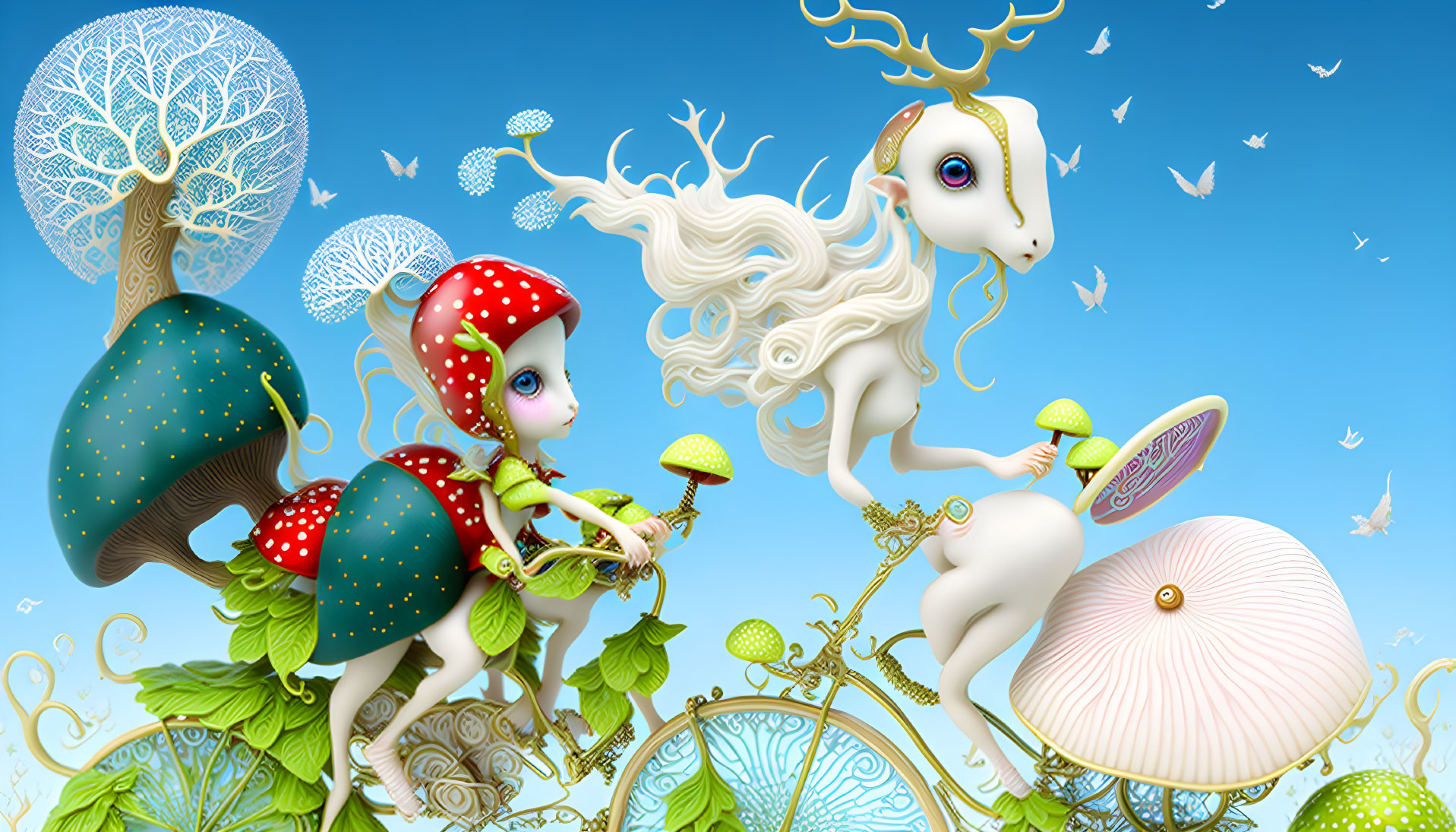 Fantasy scene: White deer, fairy on mushroom, whimsical flora & butterflies