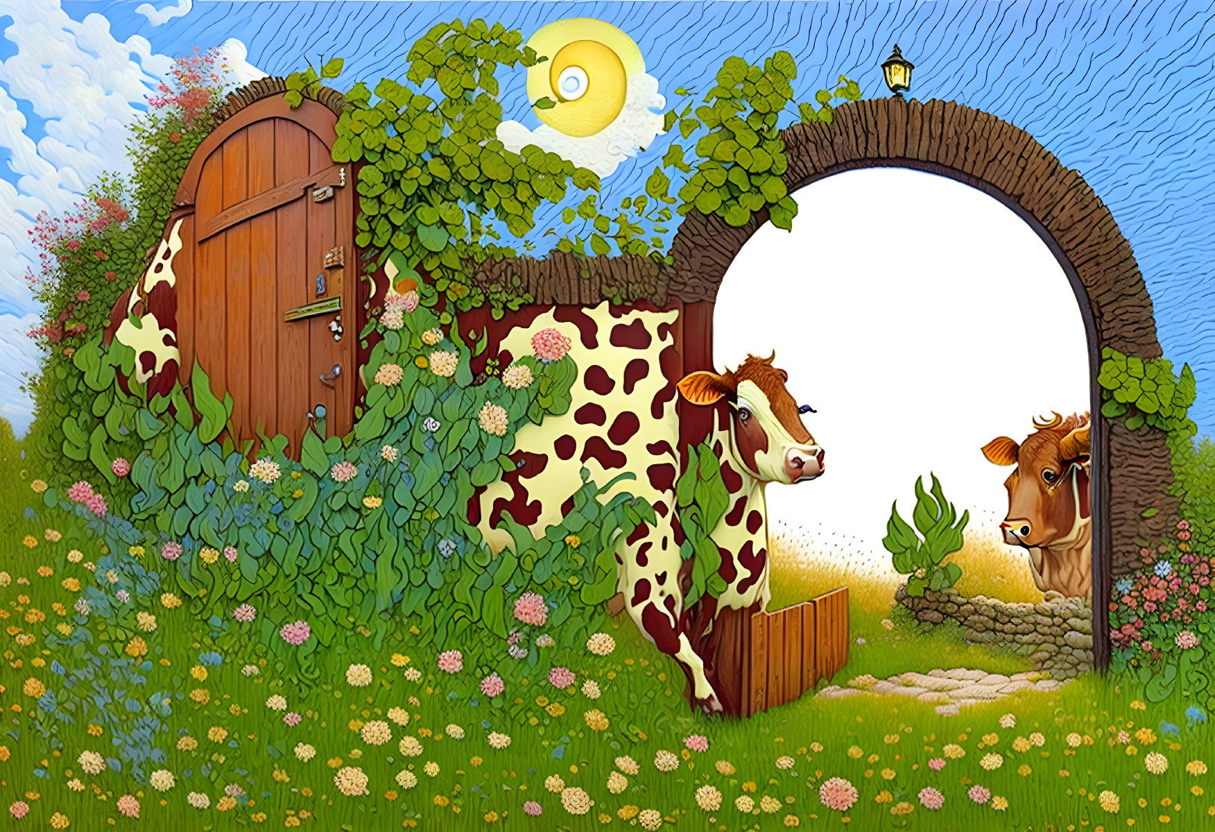 Whimsical scene with cows, round door, ivy, stone archway, flowers, and
