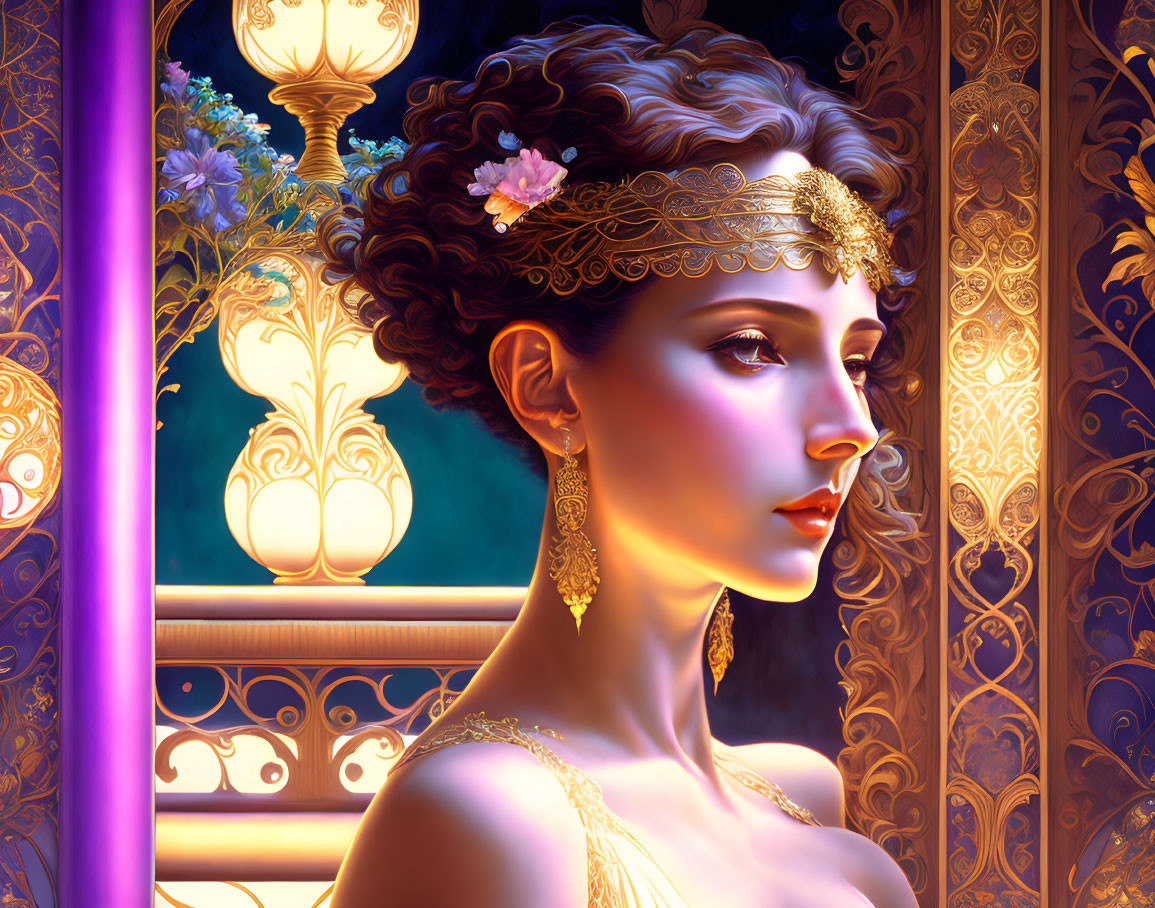 Illustrated woman with gold jewelry in vintage setting by purple curtains and lamps