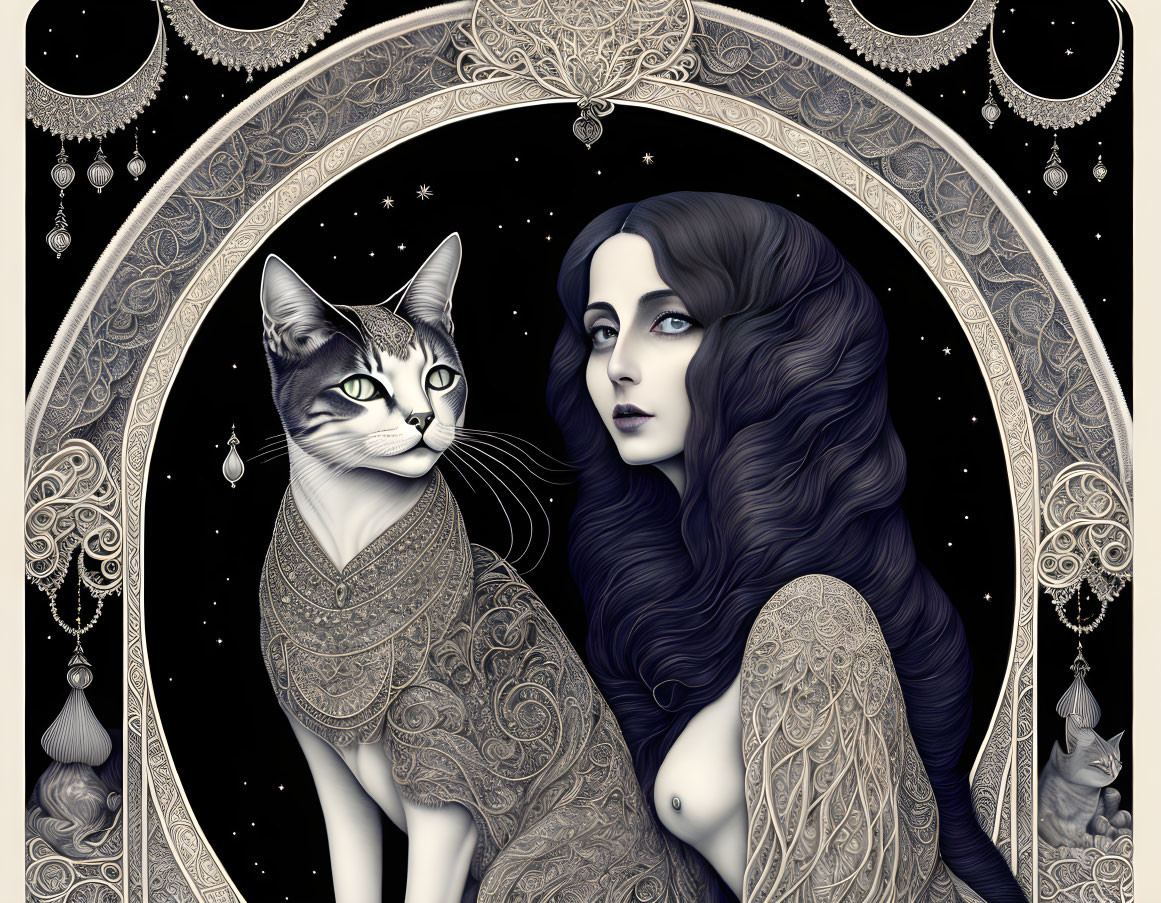 Detailed art of woman with dark hair and cat in ornate patterns on celestial background