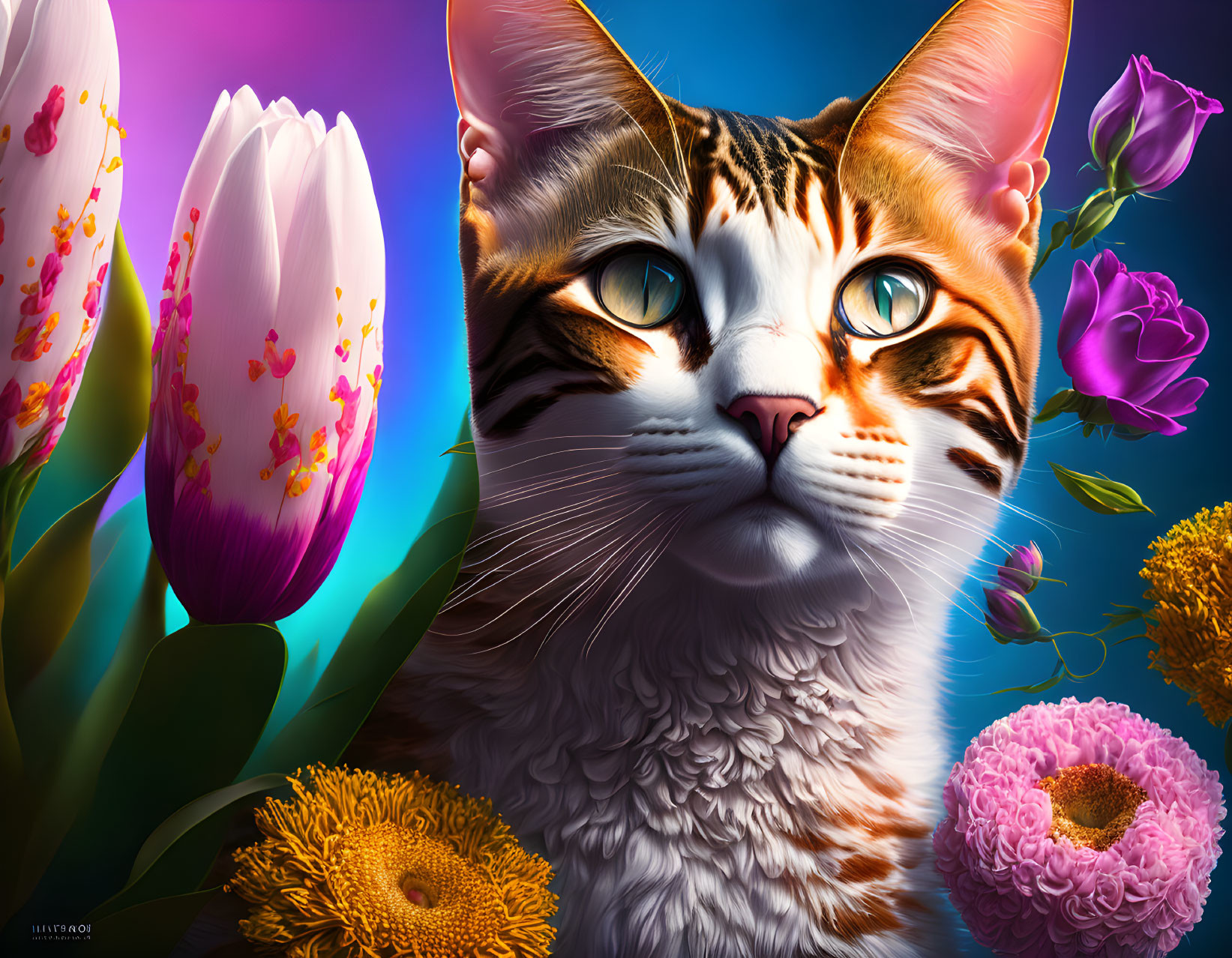 Colorful Cat Illustration Surrounded by Flowers